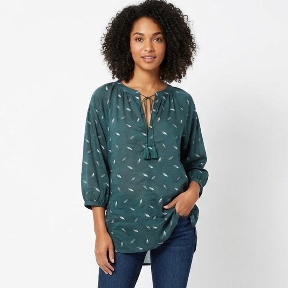 Madewell Women's Fall Feathers Peasant Top XXS Green/White Long Sleeve Blouse